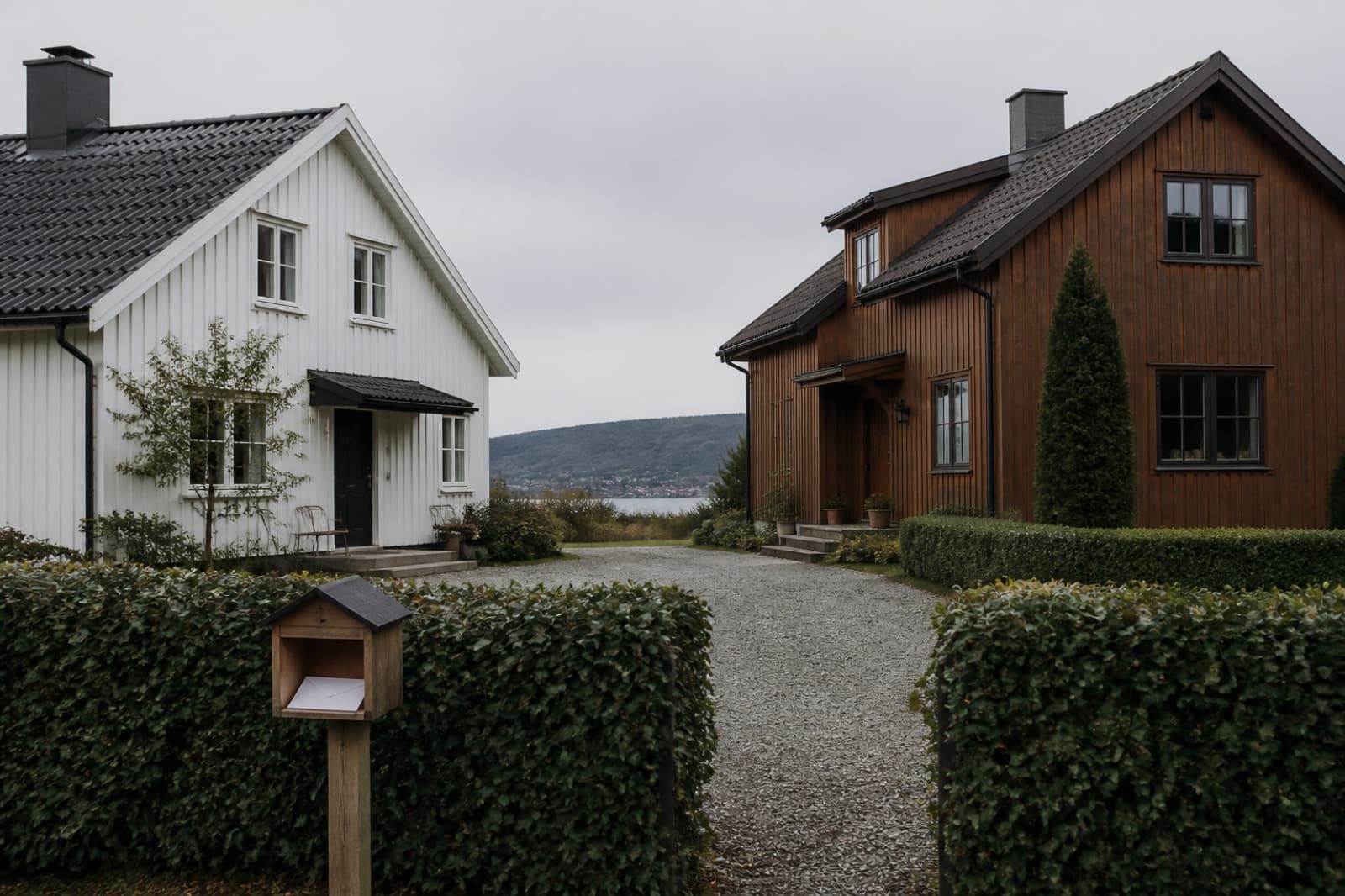 To nabohus i et norsk boligområde med postkasse i forgrunnen