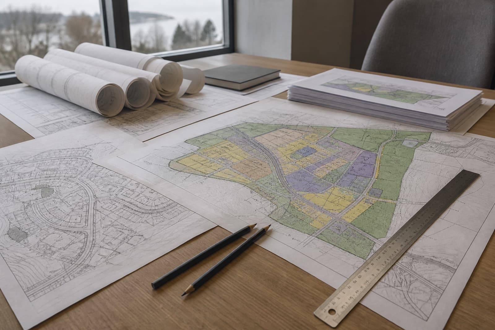 Plankart og reguleringsdokumenter på et skrivebord